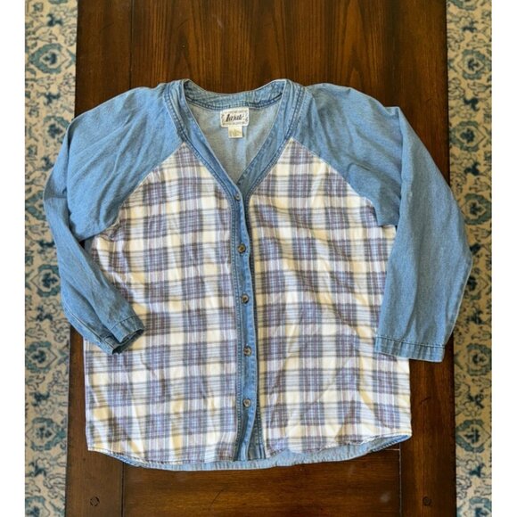Lajate Denim & Plaid Flannel Button Down Shirt Shacket Womens Large 80s Vintage - Picture 6 of 9